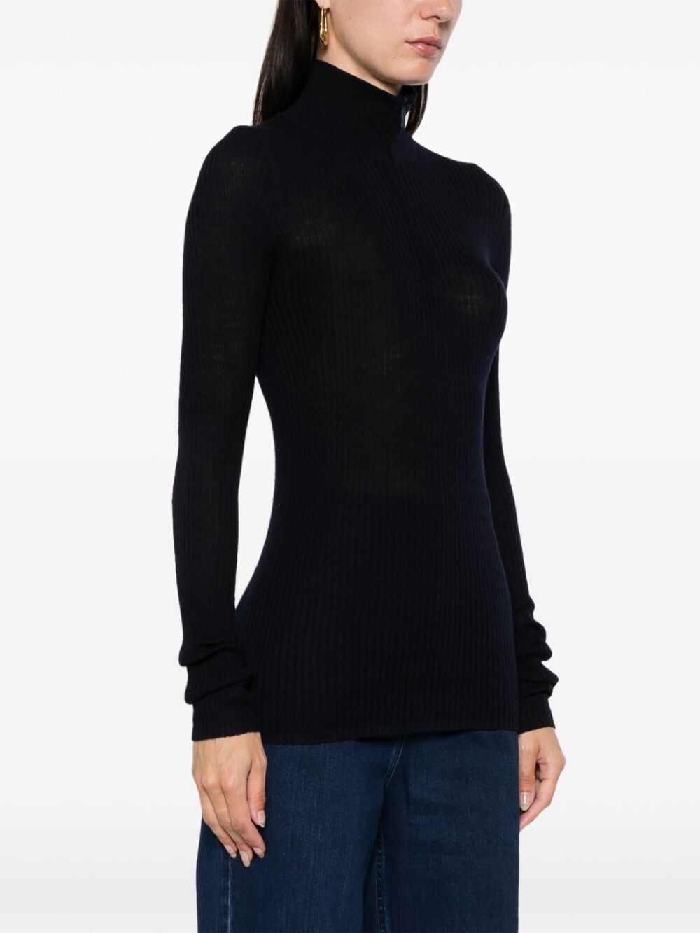 Feather Weight Ribbed Tneck Zip Up Sweater