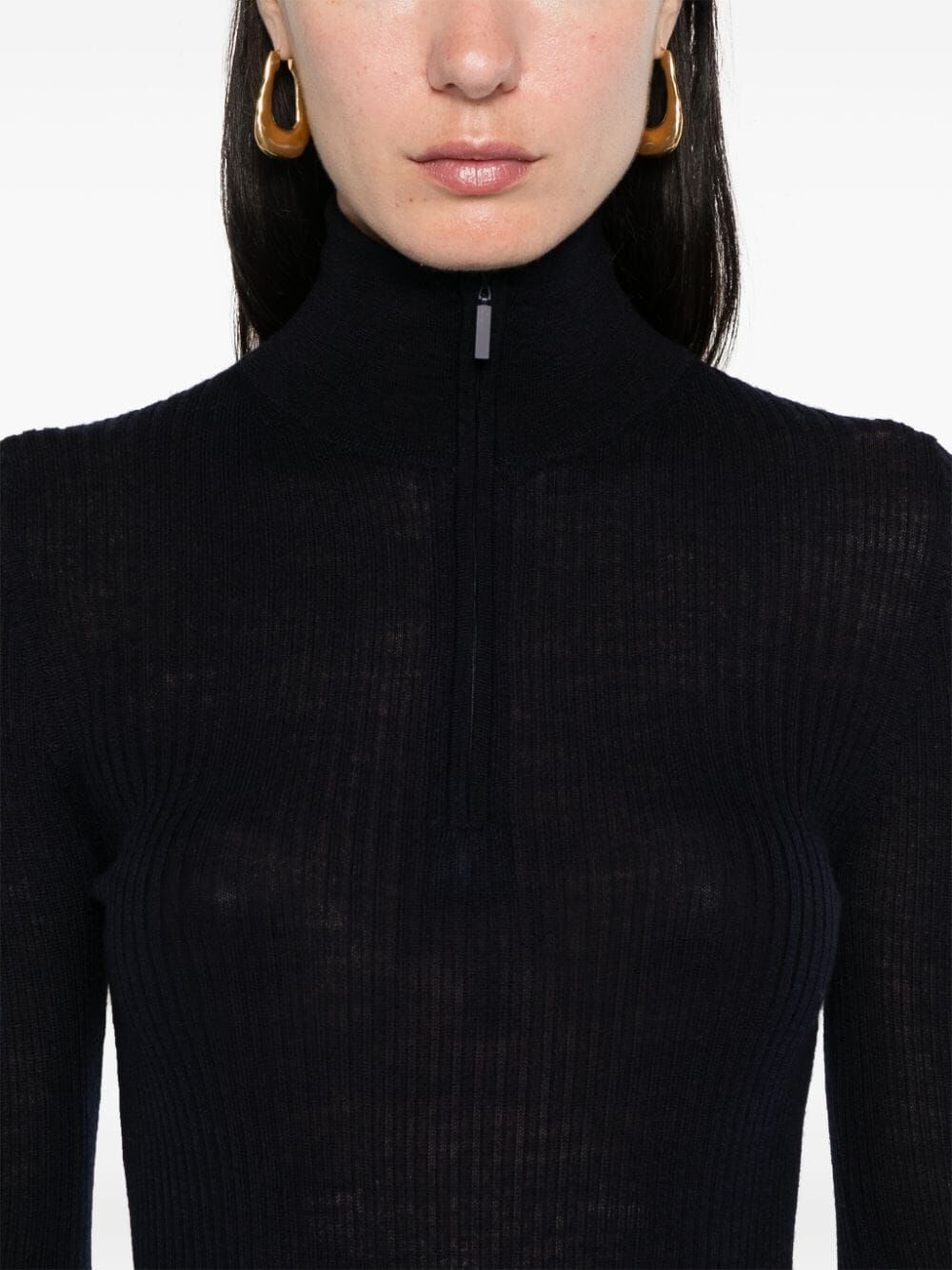 Feather Weight Ribbed Tneck Zip Up Sweater