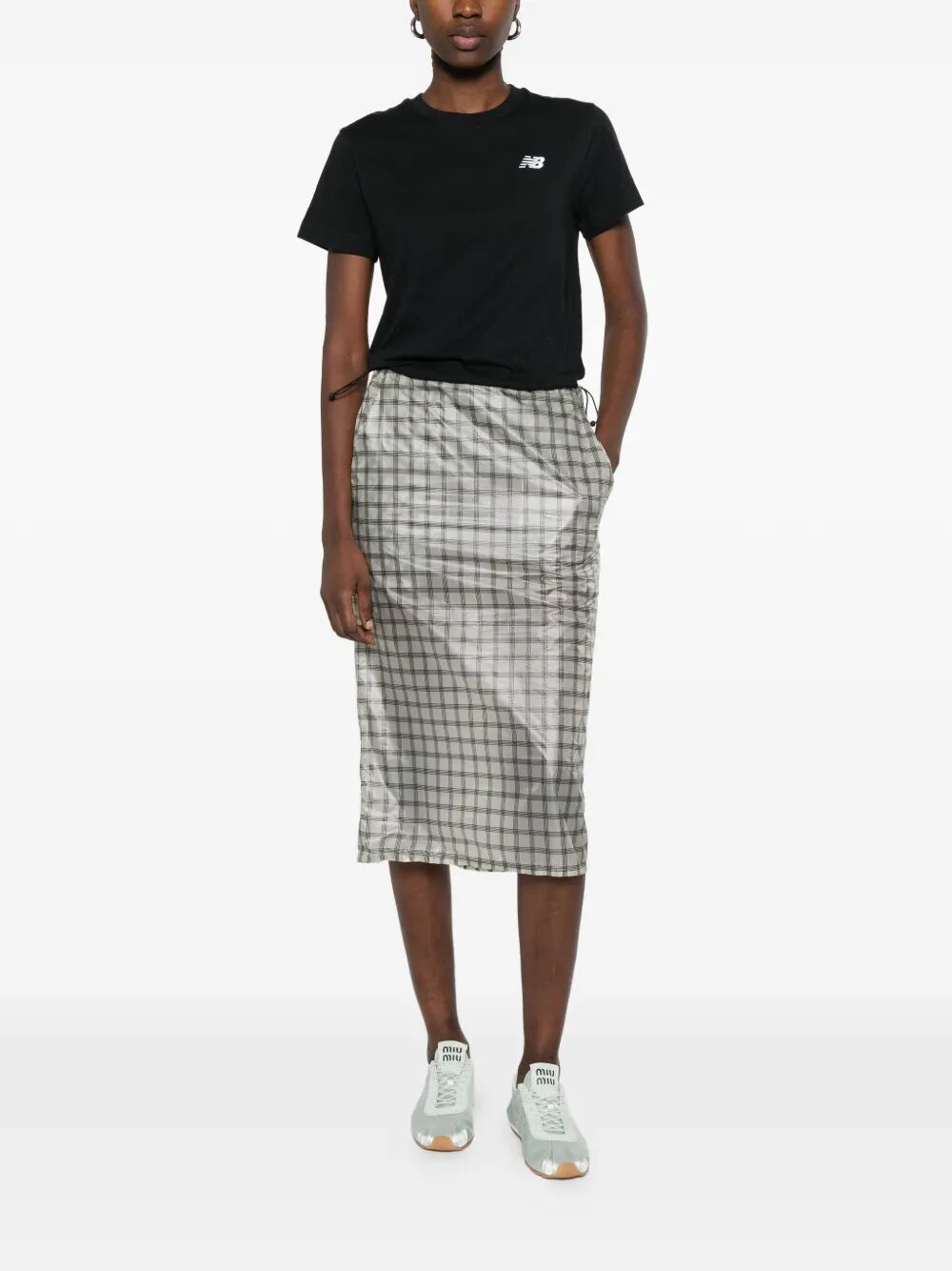 "Nia See Through Printed Check" Mid Skirt