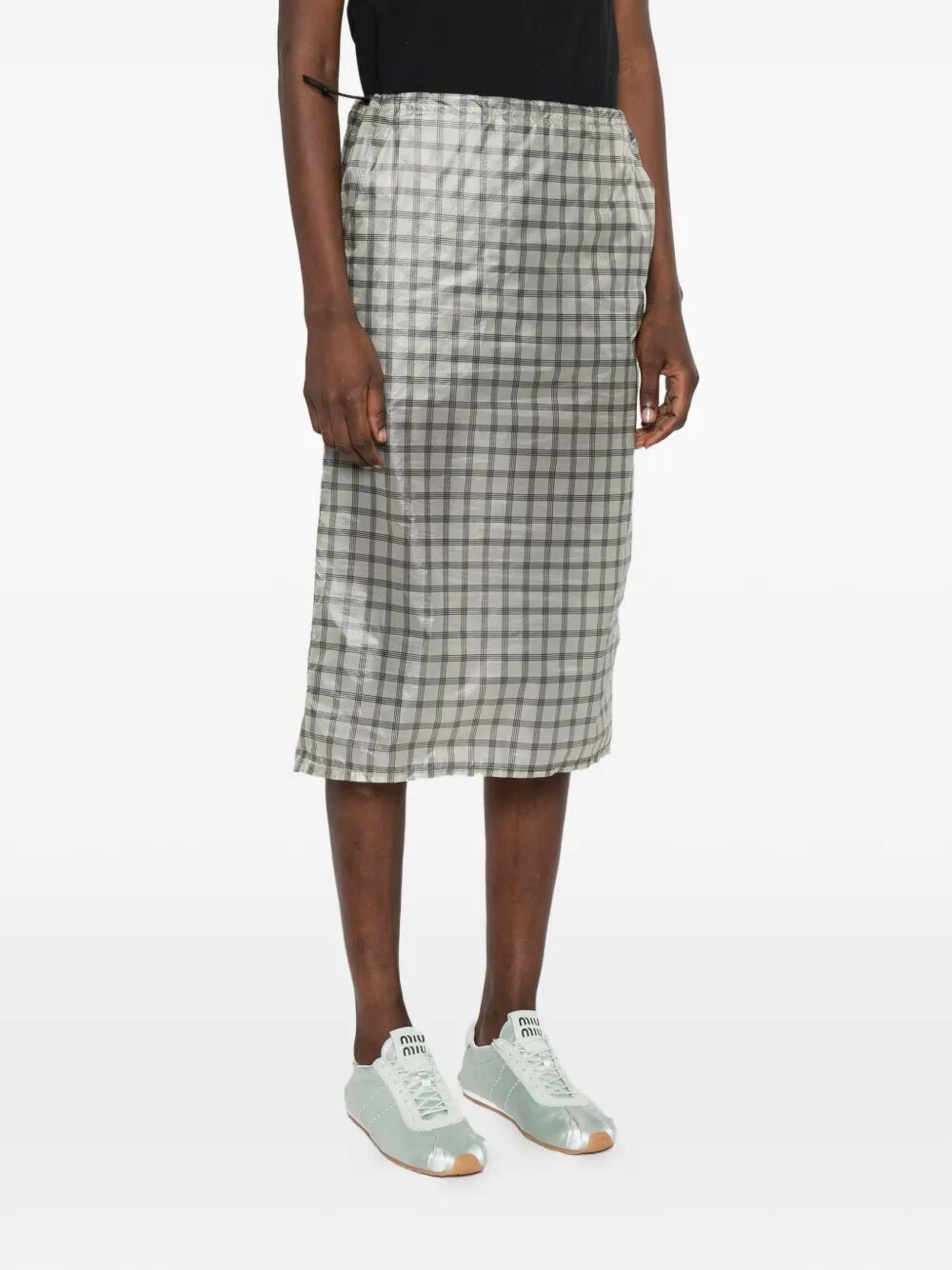 "Nia See Through Printed Check" Mid Skirt