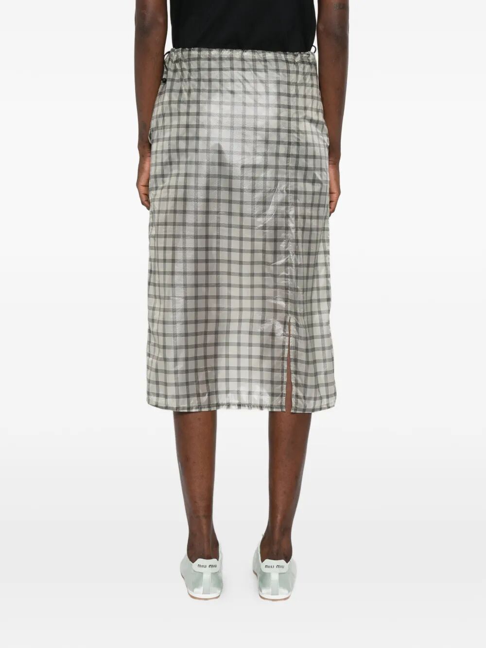 "Nia See Through Printed Check" Mid Skirt